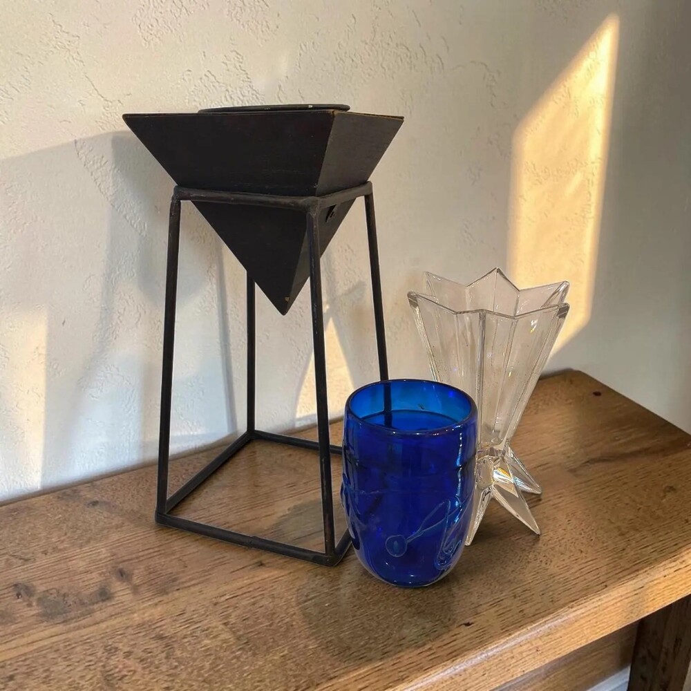 Decor Lot Iron Wood Pyramid Candle Stand Cobalt Blue Glass Cup Star Vase